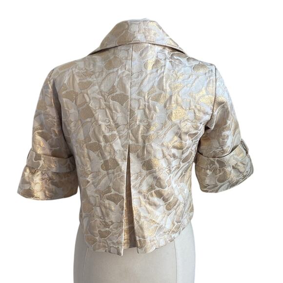VINTAGE CACHE Cropped Jacket Womens Sz 4 Gold Jacquard Floral Print Flounce - Picture 6 of 8